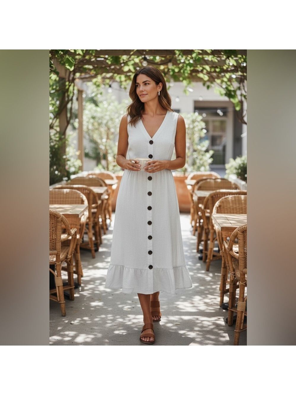 MONTEAU LOS ANGELES Women’s White Linen Blend Dress Sleeveless Ruffle Medium